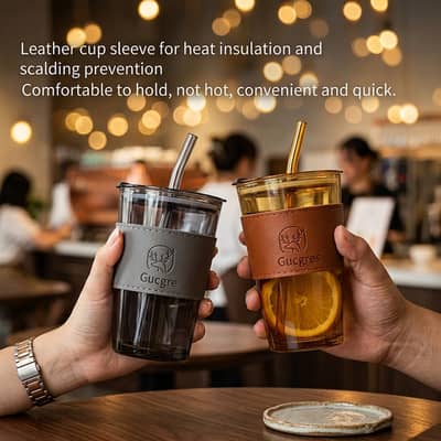 Aesthetic Glass Coffee Cup with Straw & Leather Sleeve