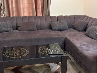 L shape prestige condition sofa. Deep brown with luxurious cushions