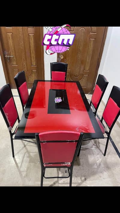 Modern Red & Black 6-Seater Dining Set with Glass Top & Metal Frame