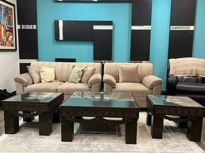 Luxury 3+2+1 Sofa Set with 3 Designer Center Tables – Best Condition