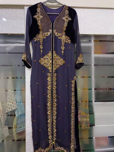 Elegant Chiffon & Velvet Embroidered Long Shirt – Small Size.