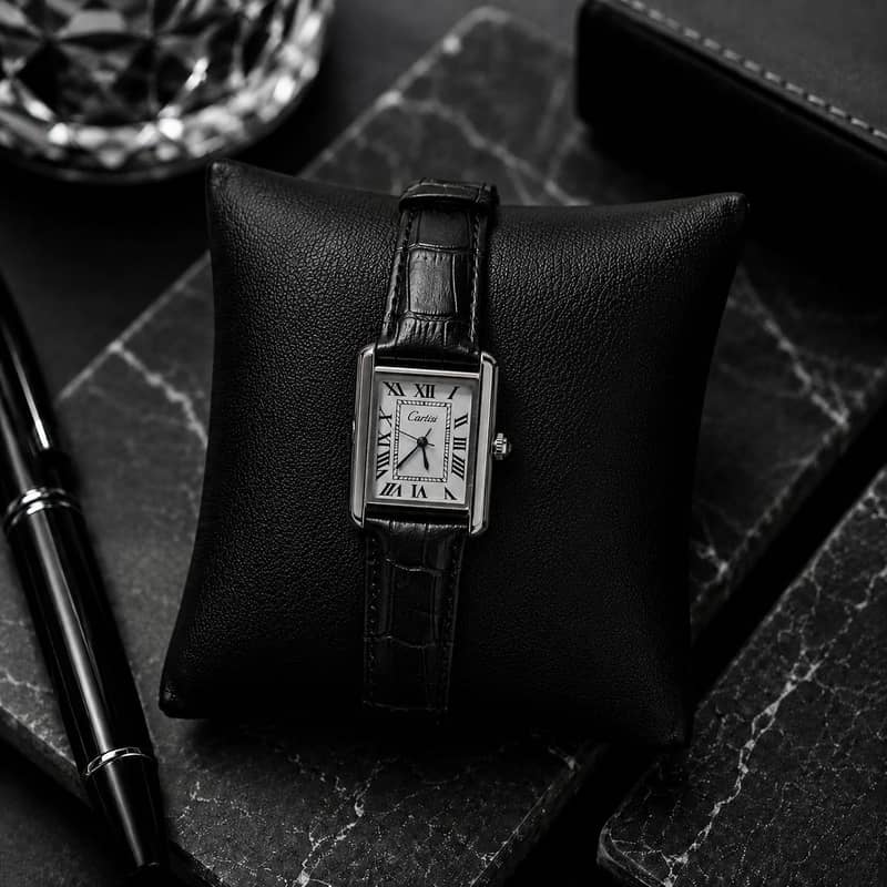 Classic Black Leather Rectangular Watch 3