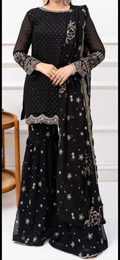 3pc Ghara thread embroidery on chiffon
