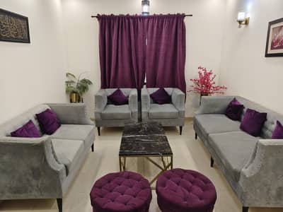 Luxury 7-Seater Velvet Sofa Set + Marble Table & Ottomans