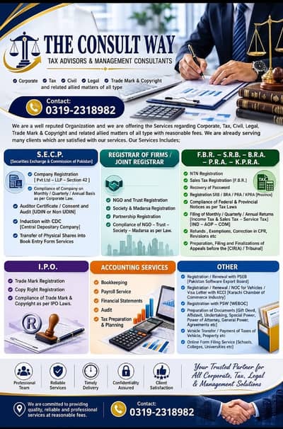NTN - STRN - SECP - KCCI - PSW - TRADE MARK - TAX ADVISORY - ETC