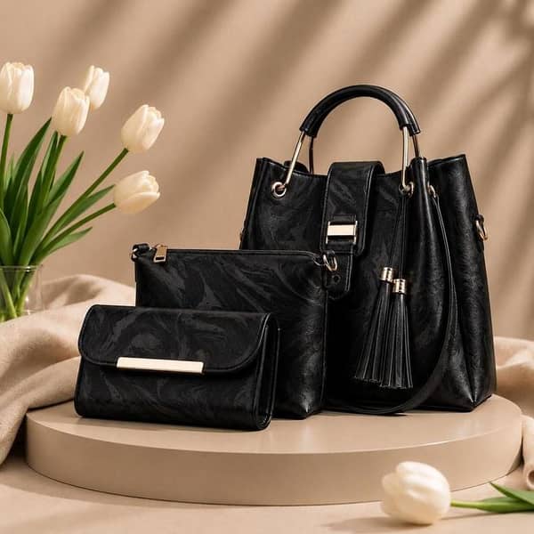 3 Pcs Luxury Women Handbag Set | Premium Leather Tote Bag with Shoulder Bag & Wallet | Stylish Designer Purse Set | All Colours.