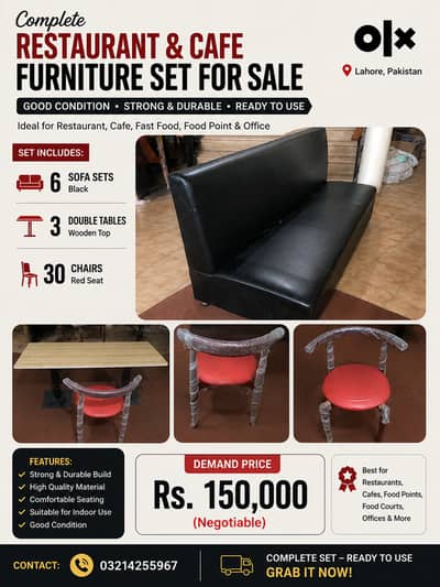 Restaurant Furniture Set – 6 Sofa Sets, 3 Double Tables & 30 Chairs