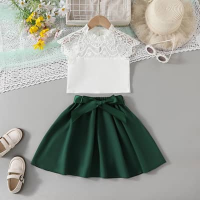 Green plated skirt set for girls 3-6 years