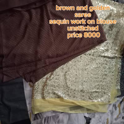 brown chiffon saree with sequin work golden blouse