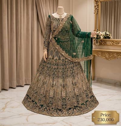 Luxury bottle green and golden bridal lehnga heavy embroidered dress