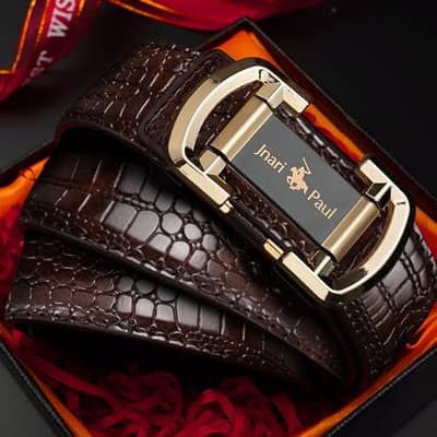 Men retro leather belt with gold automatic buckle brown and black