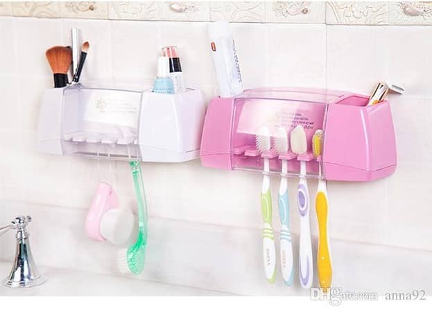 Self-Adhesive Wall Mount Stand 2 Toothpaste + 5 Toothbrush Holder Organiser Home