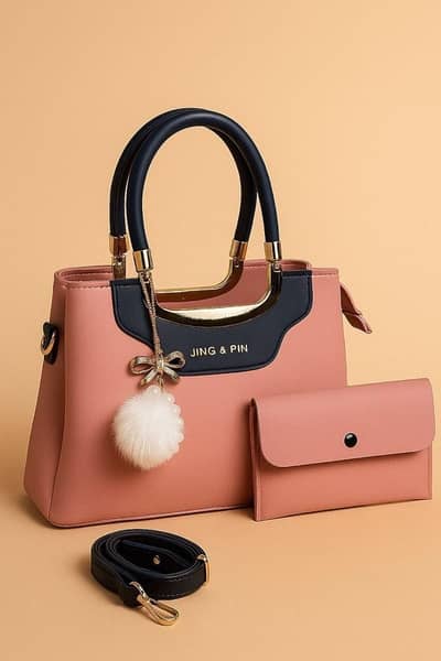 Pink & Navy Blue Rexine Handbag Set With Detachable Strap
