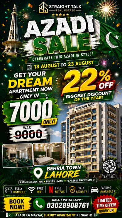 Azadi Sale 22% OFF | Fully Furnished Apartment in Bahria Town Lahore | Rs. 7000 Only