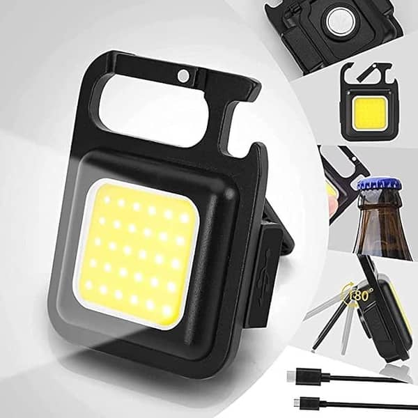 COB Rechargeable Keychain Mini Small Flashlight 3 Light Modes Portable Pocket Light with Folding Bracket Bottle Opener and Magnet Base for Fishing, Walking and Camping