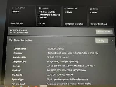 HP Laptop ( 256 GB SSD , 32 GB RAM ) core i5 11th generation