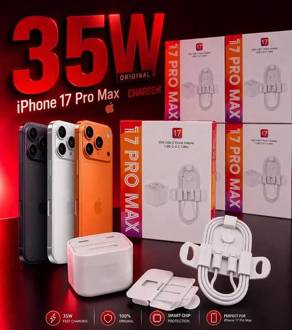 17 PRO MAX 3 PIN 35W Dual USB-C Fast Charger Kit Compatible with iPhone 17 Pro Max 16 15 Plus | Ultra-Fast Compact Power Adapter & Wrapped Type-C to C Charging Cable Set | Heavy-Duty Multi-Port Travel Wall Plug Combo