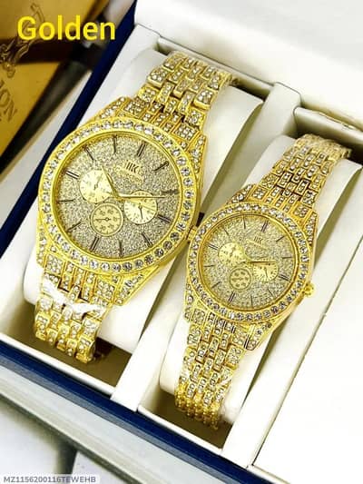 Golden Couple Watches With Diamond Stones For Couples