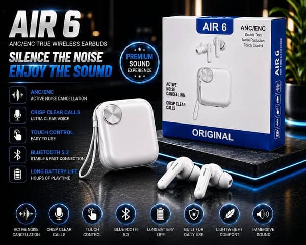 Original Air 6 Wireless Bluetooth Earbuds Noise Cancelling TWS Gaming Headset | Waterproof Sport Earphones, Immersive Sound, Heavy Bass Buds with Mic, Wide Compatibility for All Smartphones