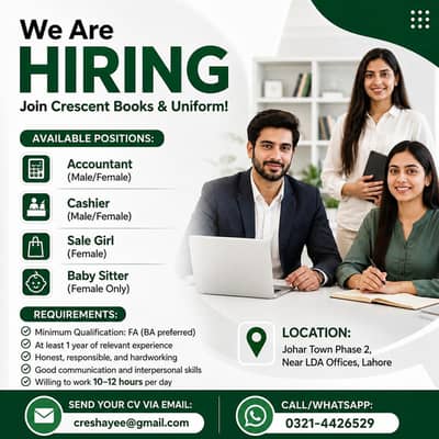 Accountant, Cashier, Sales Girl & Baby Sitter Jobs – Lahore Job