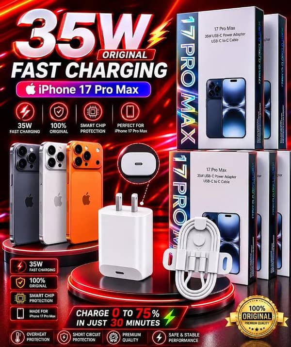 Original 35W Fast Charger For iPhone 17 Pro Max ,  17 Pro 2 PN WITH USB-C Power Adapter With Type C To C Cable Kit, Premium Quality PD Fast Charging Adapter, Smart Chip Protection Quick Wall Charger