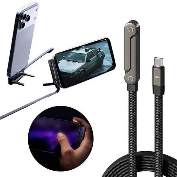 in-1 USB-C to USB-C Fast Charging Cable 240W with Built-in Foldable Mobile Phone Stand | 1.5M Heavy Duty Nylon Braided Data Cord | 90 Degree Angled Gaming Cable Holder for iPhone 15/16/17, Samsung, Huawei, Xiaomi