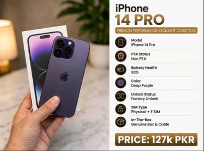 iPhone 14 Pro Deep Purple - 93% BH - Factory Unlock (Non-PTA)