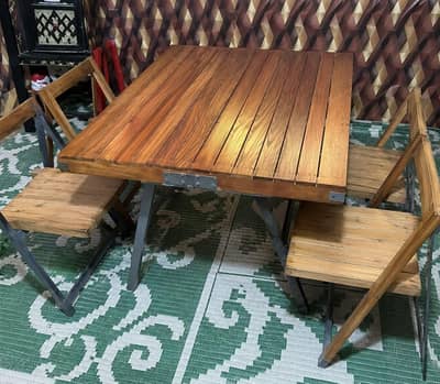 vintage Foldable Wooden Table with 4 Seats