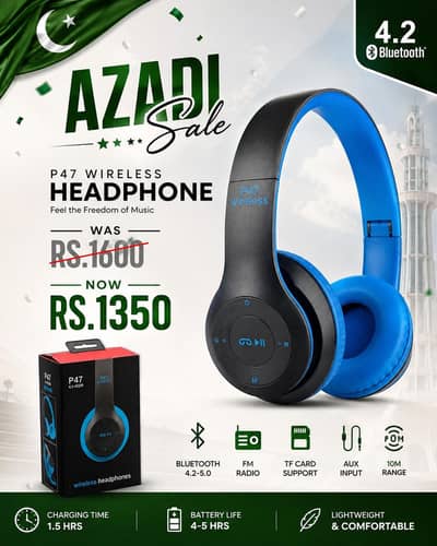 P47 Wireless Bluetooth Headphones | 4.2–5.0 | FM Radio | TF Card | AUX