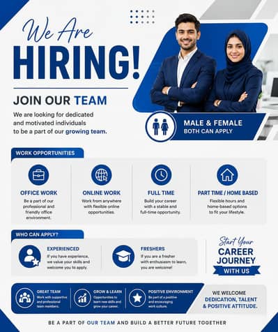 Hiring staff for online and office work. We are hiring make and female