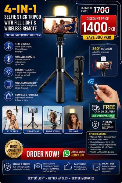 4-in-1 Selfie Stick Tripod with Fill Light & Wireless Remote