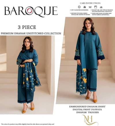 3PC Embroidered Dhanak Suit  | Digital Print Pashmina Dupatta