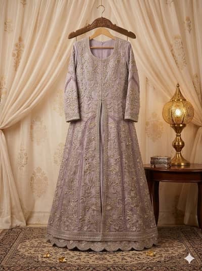 Heavy Embroidered Lilac organza Front-Open Gown Maxi Size M/L length52