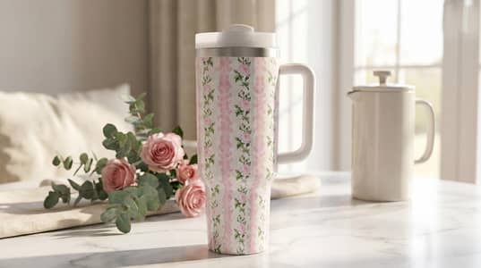 Stanley Style 40oz Tumbler 1200ml Pink Floral Travel Mug Water Bottle