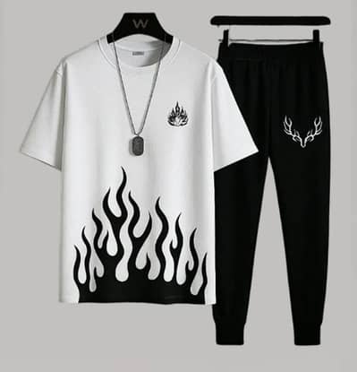 Men Flame Print Track Suit White Black Micro Interlock