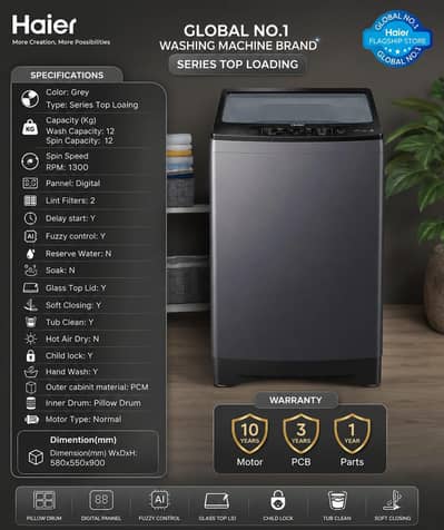 Haier HWM120-826 12KG Automatic | Top Load/ Washing Machine – Grey
