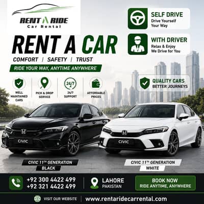 Self Drive Rent A Car, Yaris, Civic, KIA Sportage, Fortuner, City, Lhr