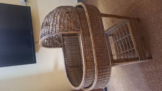 Vintage handwoven cane baby cot with storage - beautiful condition