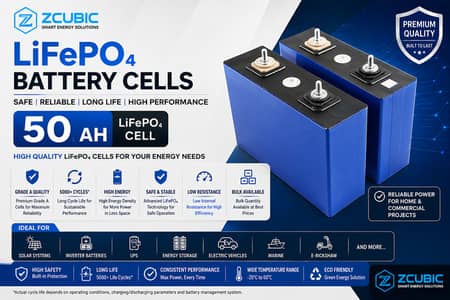 50 AH, 3.2V Grade A LiFePO₄ Lithium Iron Phosphate Battery Cell