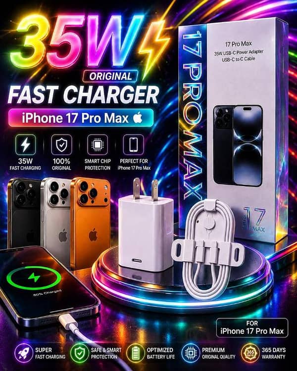 PACK OF 2 PCs Original 35W Fast Charger For iPhone 17 Pro Max ,  17 Pro 2 PN WITH USB-C Power Adapter With Type C To C Cable Kit, Premium Quality PD Fast Charging Adapter, Smart Chip Protection Quick Wall Charger