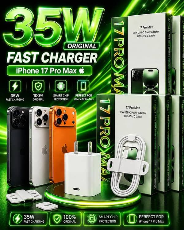 PACK OF 2 PCs Original 35W Fast Charger For iPhone 17 Pro Max ,  17 Pro 2 PN WITH USB-C Power Adapter With Type C To C Cable Kit, Premium Quality PD Fast Charging Adapter, Smart Chip Protection Quick Wall Charger
