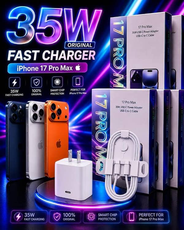 PACK OF 3 PCs Original 35W Fast Charger For iPhone 17 Pro Max ,  17 Pro 2 PN WITH USB-C Power Adapter With Type C To C Cable Kit, Premium Quality PD Fast Charging Adapter, Smart Chip Protection Quick Wall Charger
