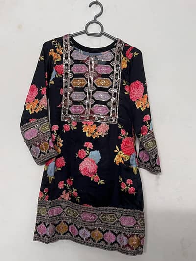 3-Piece Black Floral Printed Embroidered Suit with Dupatta