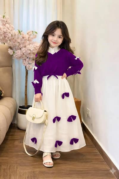 Girls Georgette Bow Top Maxi set purple white