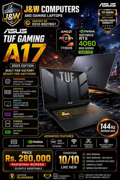 ASUS TUF A17/RYZEN 7/RTX 4060 8GB 140W/GAMING LAPTOP