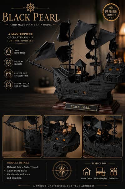 handmade detailed pirates ship model made of synthetic wood