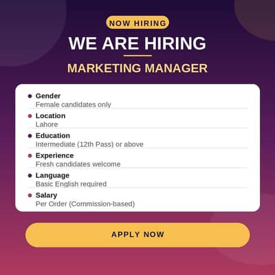 Marketing Manager Required – Female Candidates Only (Lahore)