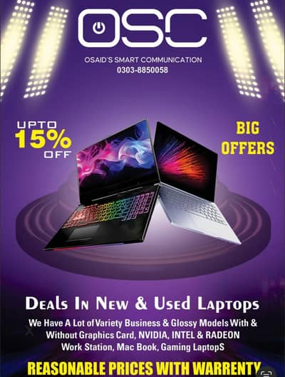 15% off on imported laptops, Glossy model A+ grade , warranty ,