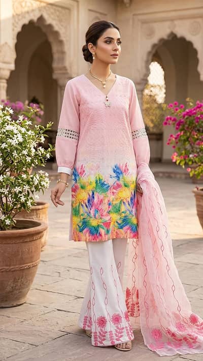 lawn embroidered shirt and trouser with chiffon embroidered