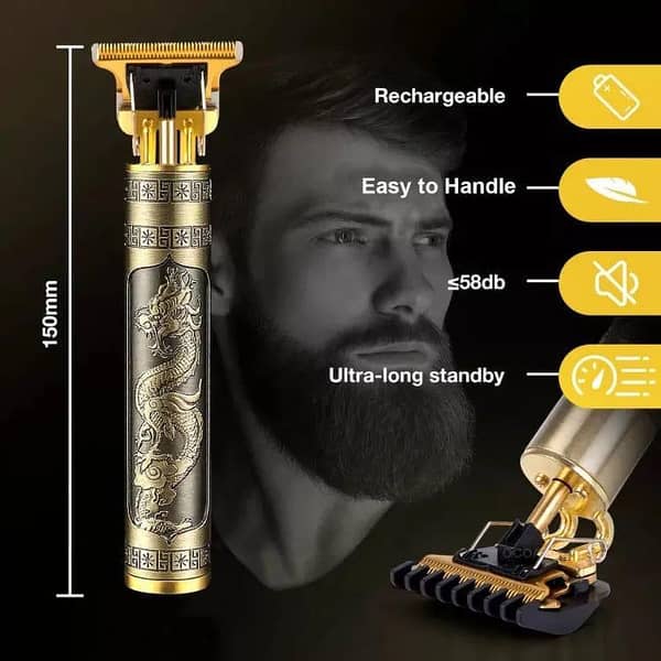 Professional Vintage T9 Hair Trimmer – Engraved Dragon Metal Body – Zero-Gapped T-Blade Cordless Grooming Kit for Men (Gold/Bronze Edition)